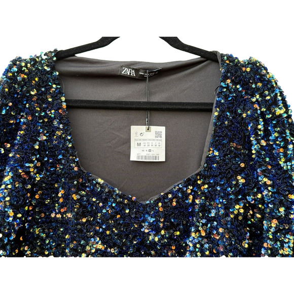 ZARA NWT WOMANS MULTICOLORED SEQUIN VELVET PUFF SLEEVE BODYCON MINI DRESS‎ SZ M - Picture 5 of 15